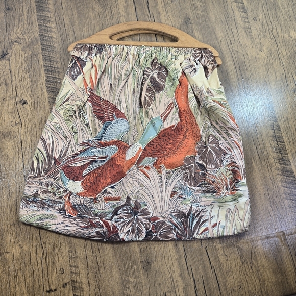 Vtg 70s Wood Handle Duck Fabric Large Handbag - Picture 3 of 8